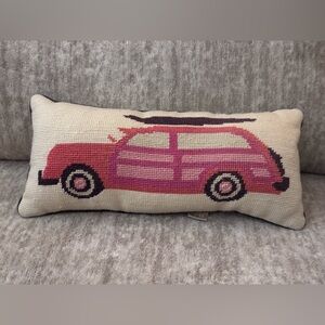 Pottery Barn Teen Pink and Cream Retro Car Needlepoint Lumbar Pillow